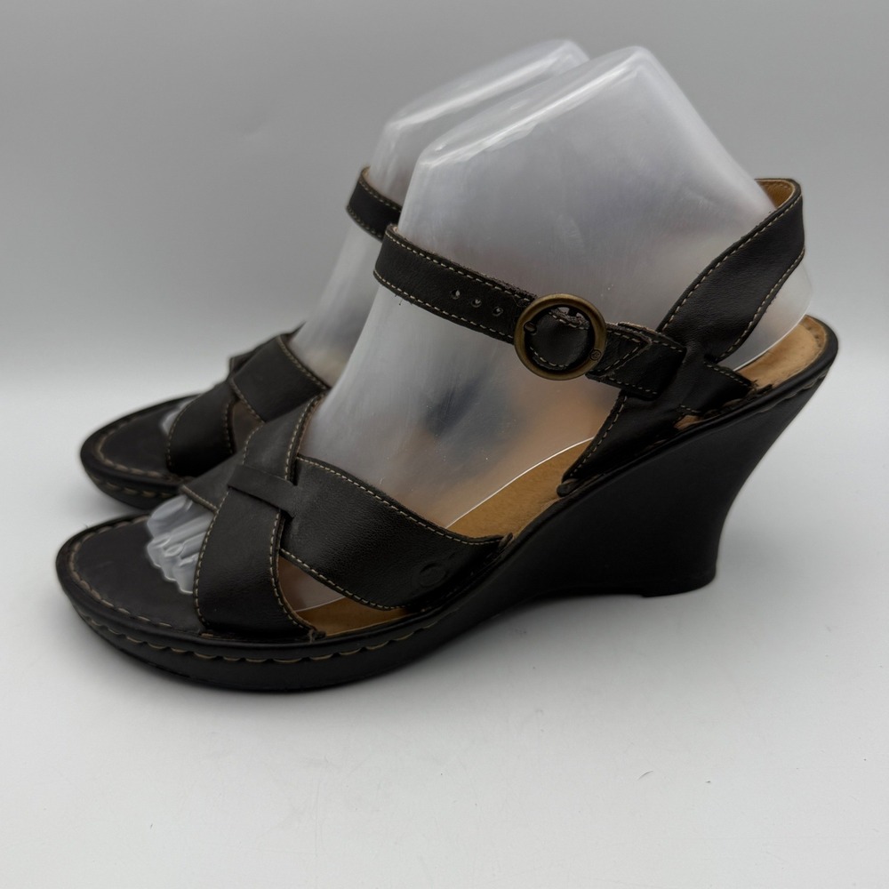 Born Wedge Sandals Women 9 Dark Brown Leather Strappy Buckle Opanka